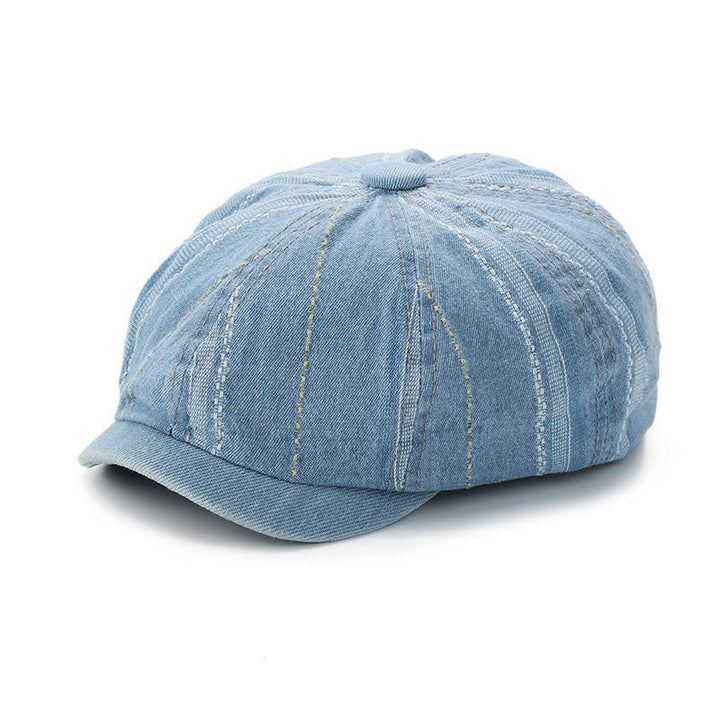 Denim Striped Newsboy Cap Octagonal Beret Hat - image 10