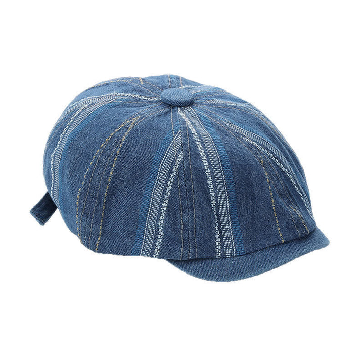 Denim Striped Newsboy Cap Octagonal Beret Hat - image 4