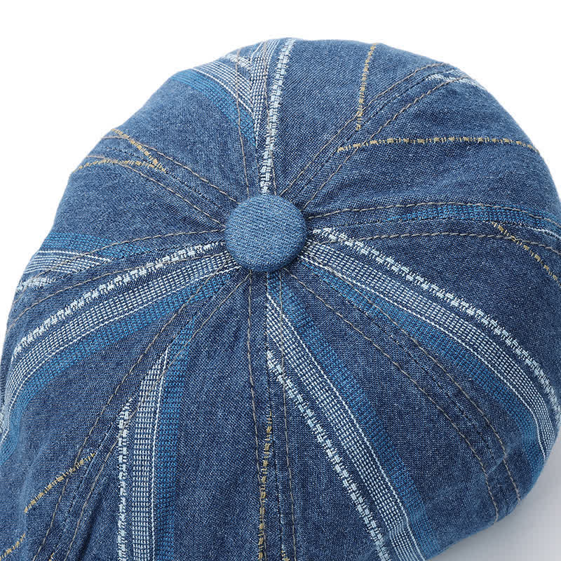 Denim Striped Newsboy Cap Octagonal Beret Hat - image 8