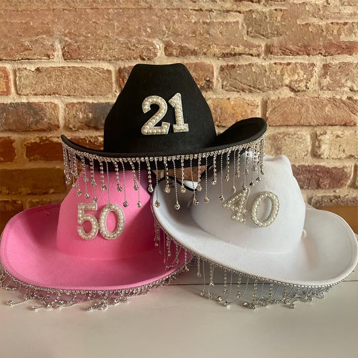 Fashion Tassel Pearl DIY Digital Letter Sticker Cowboy Hat - image 0