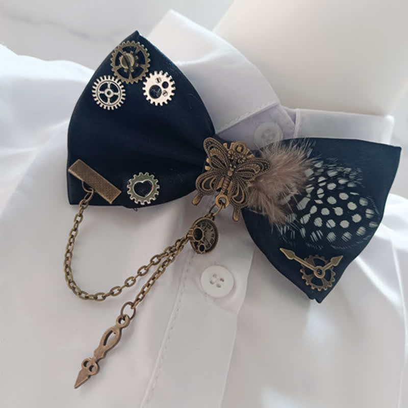 Steampunk Style Gears White Spots Feather Bow Tie - image 2