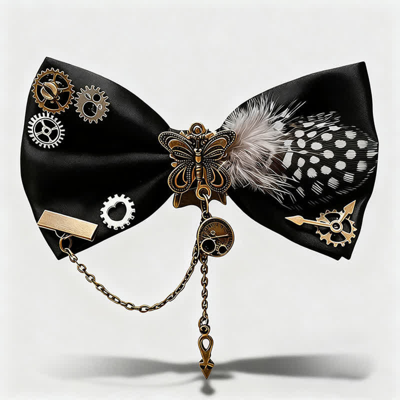 Steampunk Style Gears White Spots Feather Bow Tie - Black - image 0