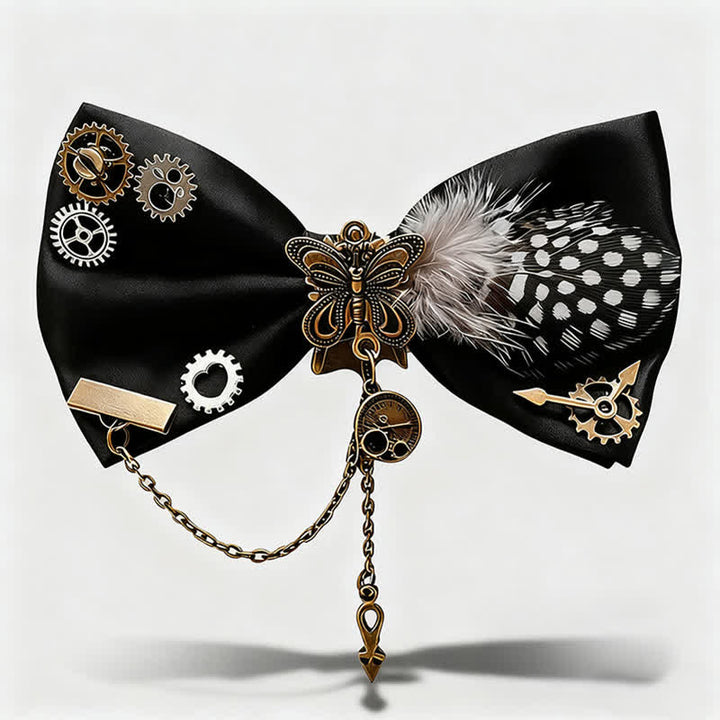Steampunk Style Gears White Spots Feather Bow Tie - Black - image 0