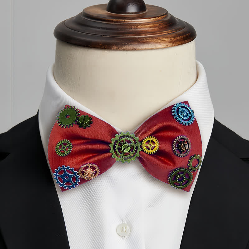 Industrial Aesthetic Steampunk Gear Embellished Bow Tie - Red - image 6