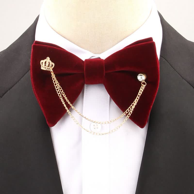 Golden Chain Solid Color Velvet Oversized Pointed Bow Tie - Burgundy - image 0