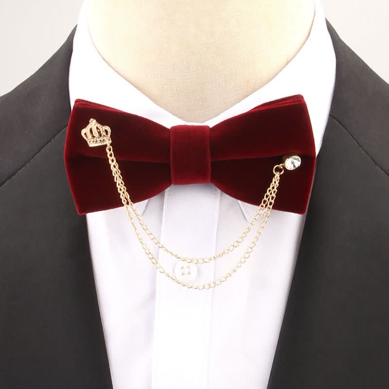 Double Layered Golden Chain Solid Color Velvet Bow Tie - Burgundy - image 1