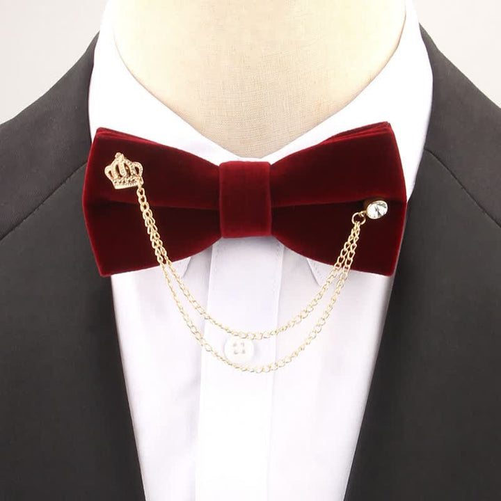 Double Layered Golden Chain Solid Color Velvet Bow Tie - Burgundy - image 1