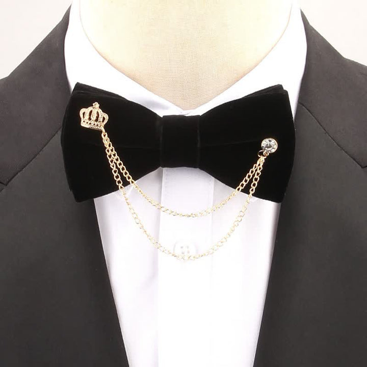 Double Layered Golden Chain Solid Color Velvet Bow Tie - Black - image 0