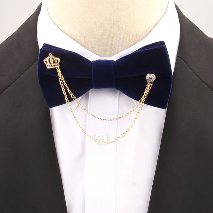 Double Layered Golden Chain Solid Color Velvet Bow Tie - Navy - image 3
