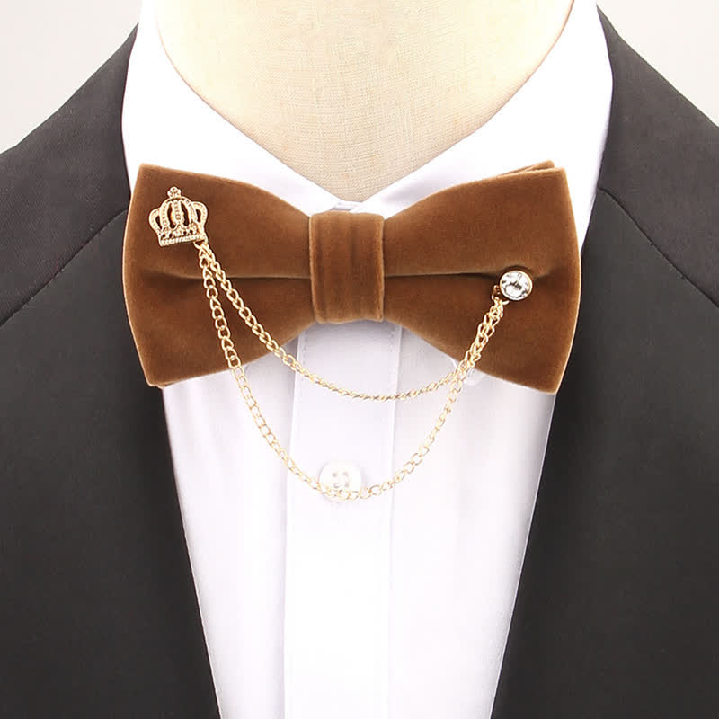 Double Layered Golden Chain Solid Color Velvet Bow Tie - Coffee - image 5