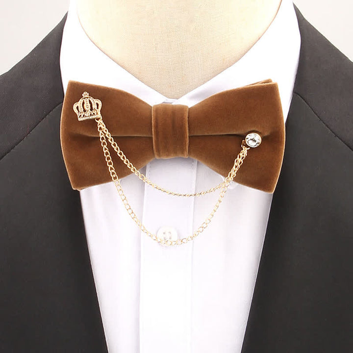 Double Layered Golden Chain Solid Color Velvet Bow Tie - Coffee - image 5