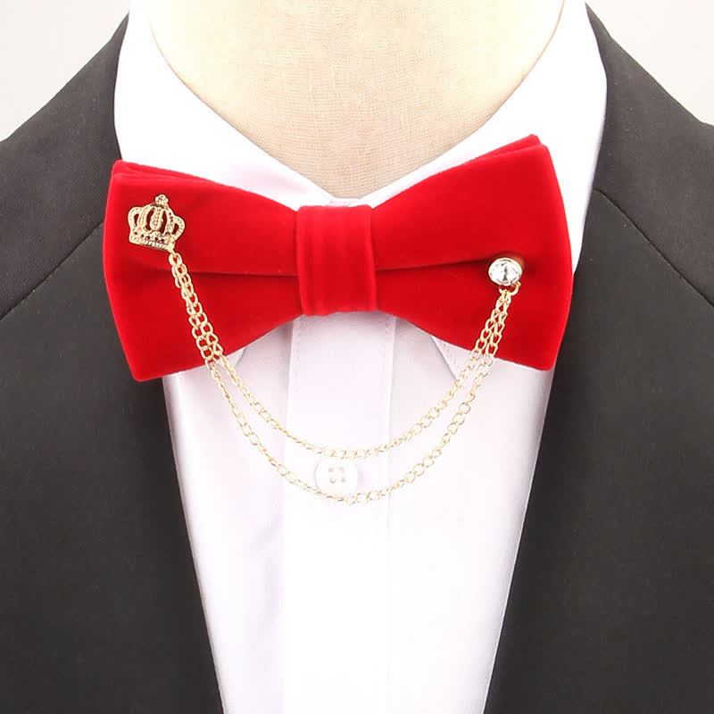 Double Layered Golden Chain Solid Color Velvet Bow Tie - Red - image 2