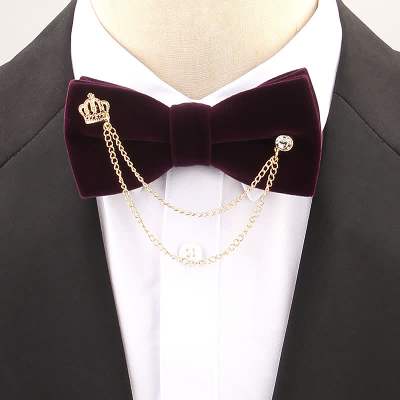 Double Layered Golden Chain Solid Color Velvet Bow Tie - Dark Purple - image 6