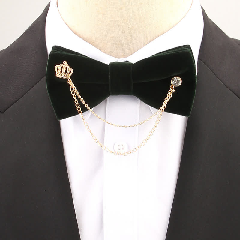 Double Layered Golden Chain Solid Color Velvet Bow Tie - Dark Green - image 4