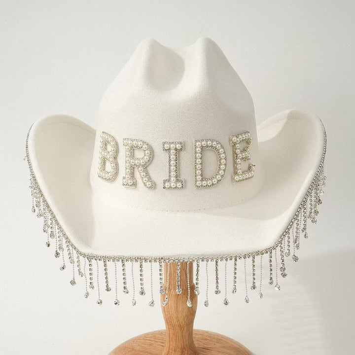 Exquisite Tassel BRIDE Pearl Inlaid Cowboy Hat - White - Adjustable（About 21 5/8"-23 1/4"） - image 2
