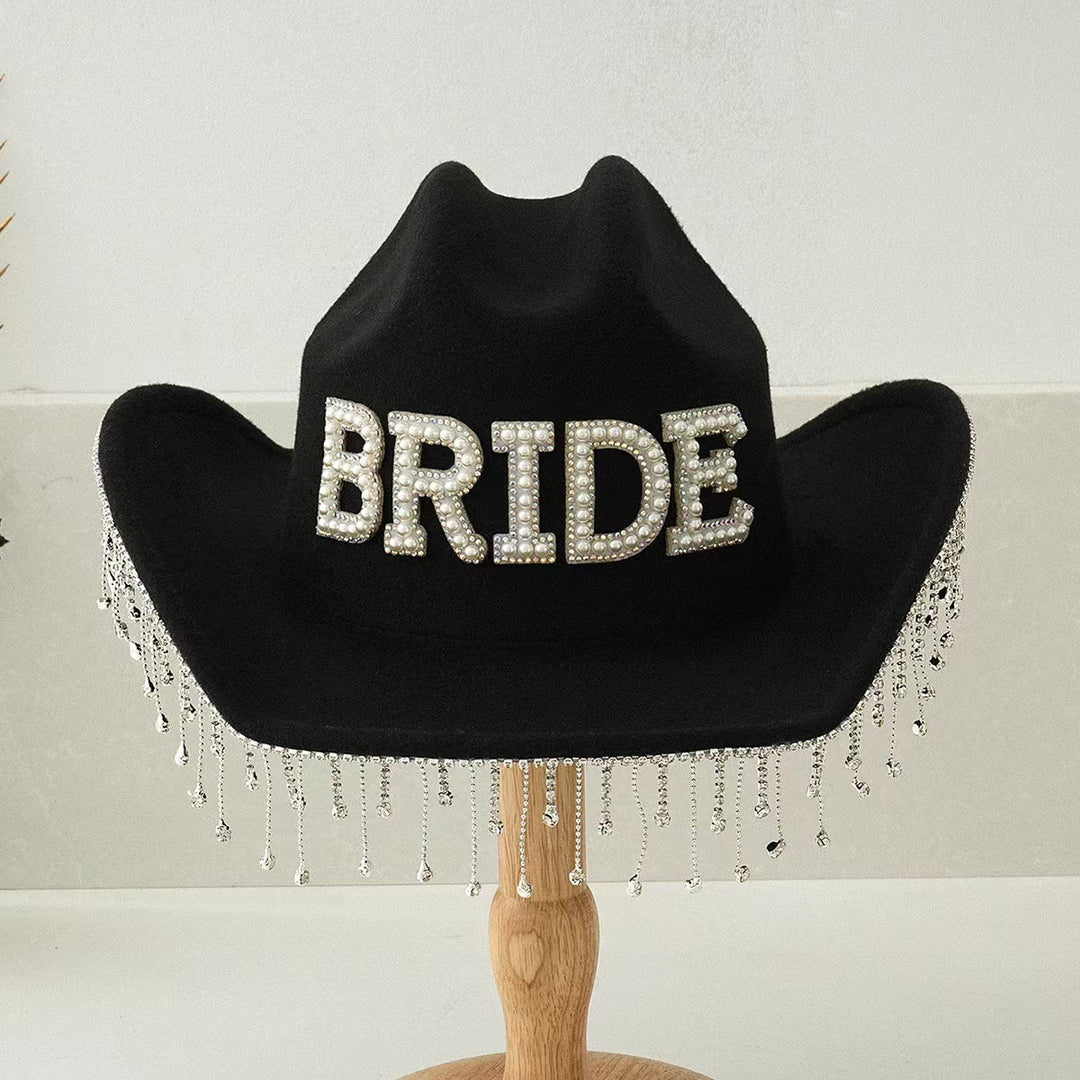 Exquisite Tassel BRIDE Pearl Inlaid Cowboy Hat - Black - Adjustable（About 21 5/8"-23 1/4"） - image 3