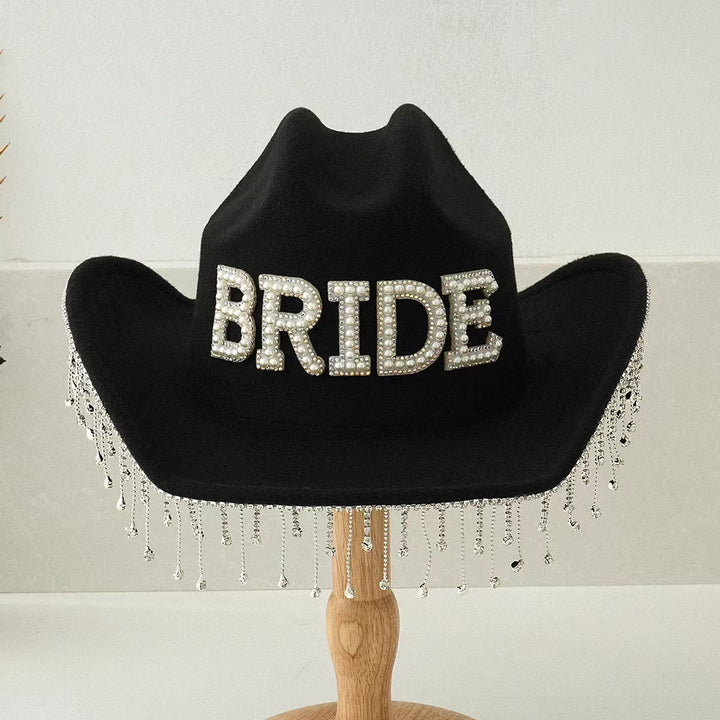 Exquisite Tassel BRIDE Pearl Inlaid Cowboy Hat - Black - Adjustable（About 21 5/8"-23 1/4"） - image 3