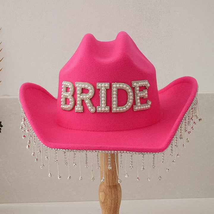 Exquisite Tassel BRIDE Pearl Inlaid Cowboy Hat - Red - Adjustable（About 21 5/8"-23 1/4"） - image 5
