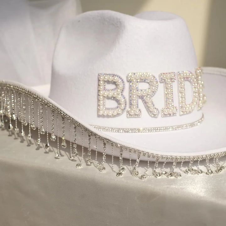 Exquisite Tassel BRIDE Pearl Inlaid Cowboy Hat - image 0