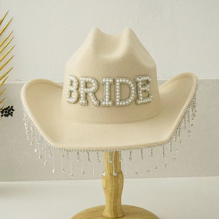 Exquisite Tassel BRIDE Pearl Inlaid Cowboy Hat - Champagne - Adjustable（About 21 5/8"-23 1/4"） - image 4