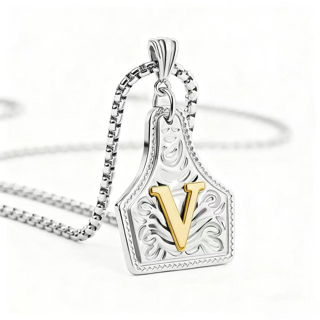 Golden & Silver Exquisite Letter Pendant Embossed Necklace - Silver - V - image 51