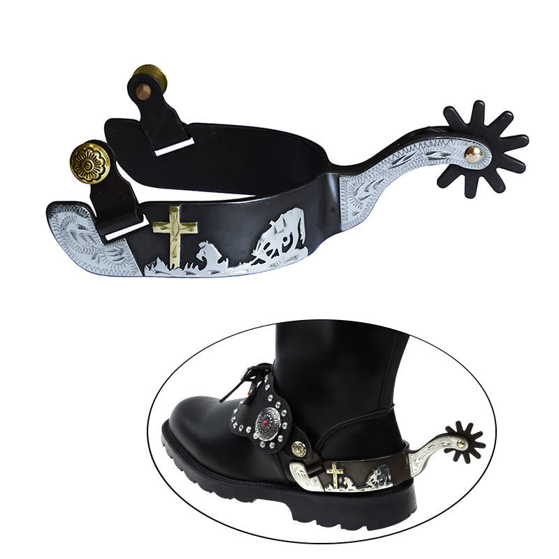 Black White Copper Carved Cross Spurs With Brass Buckles - image 1