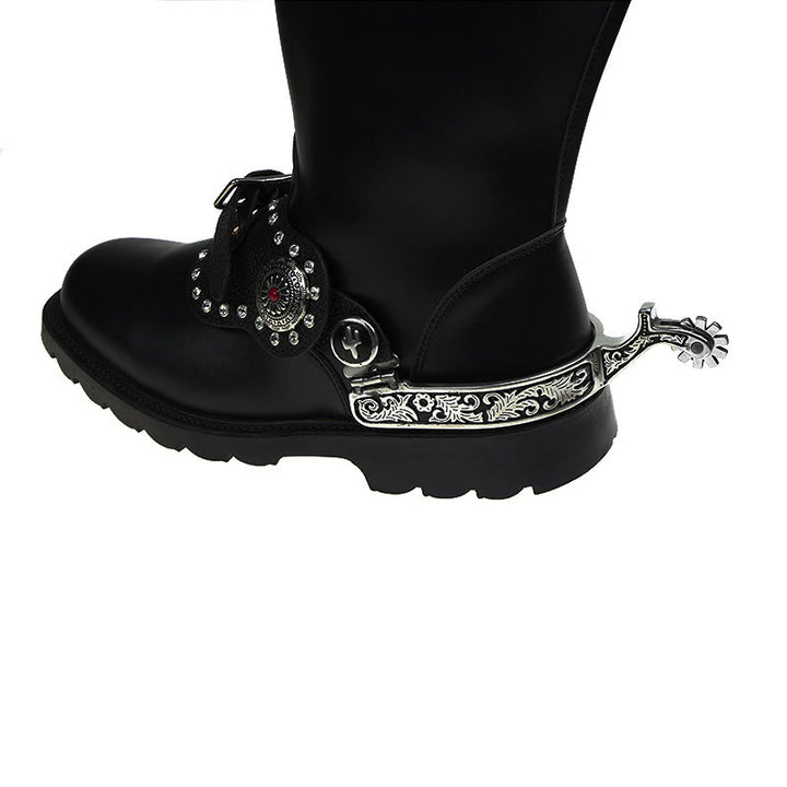 Silver Black Pattern Western Cowboy Spurs With Gear - image 2