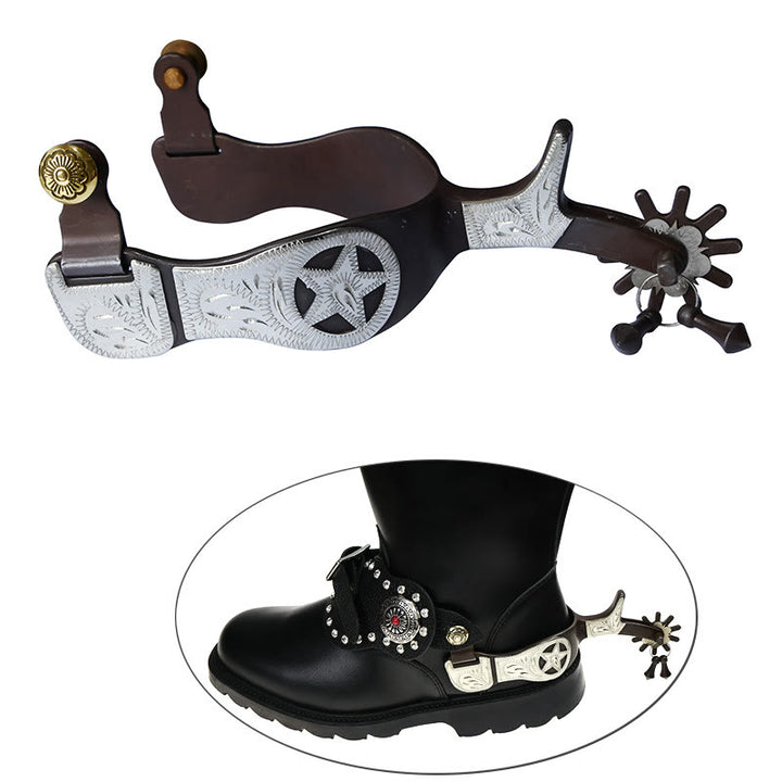 Silver Carved Five-Pointed Star Cowboy Spurs With Pendant - image 1