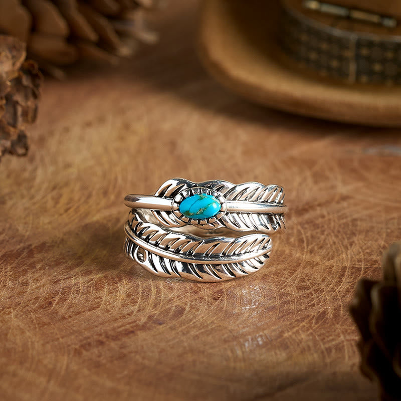 Silver Bohemian Style Inlaid Turquoise Feather Ring - Silver - Adjustable - image 0