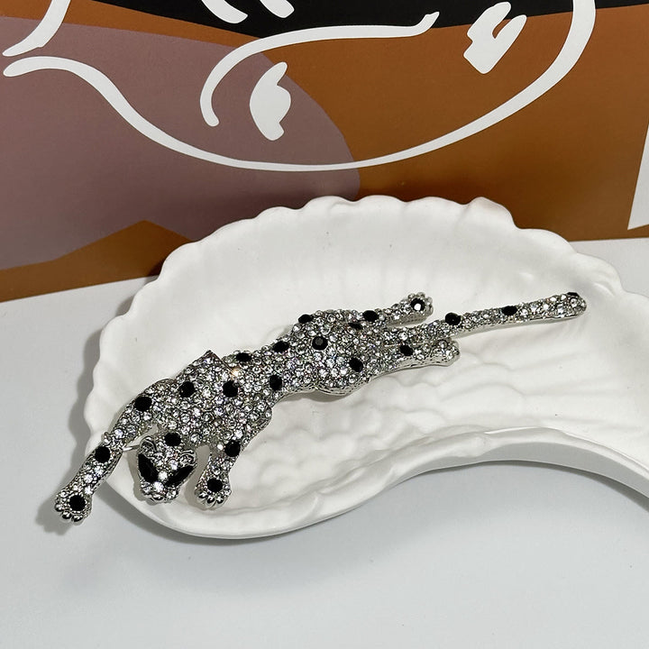 Diamond Studded Black Dot Movable Cheetah Articulated Brooch - Silver - image 4