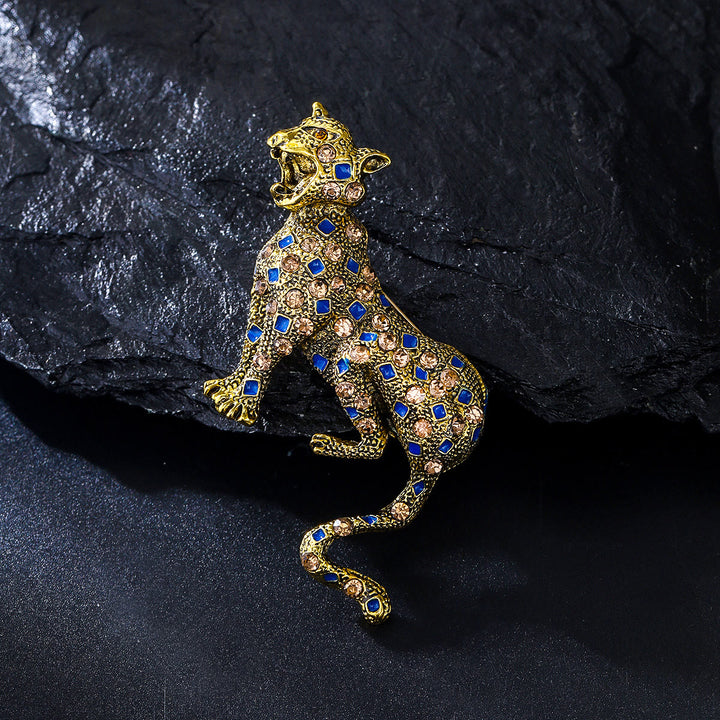 Golden Studded Diamond Blue Square Leopard Brooch - image 1
