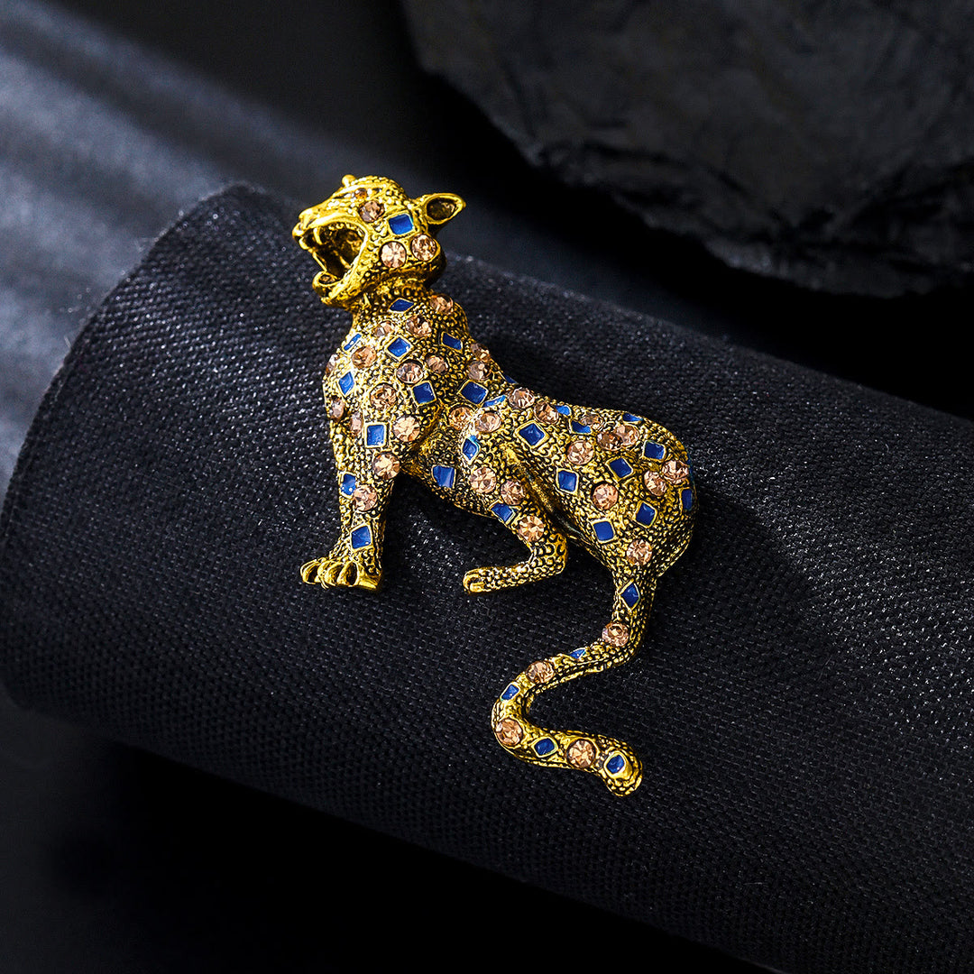 Golden Studded Diamond Blue Square Leopard Brooch - Golden - image 0