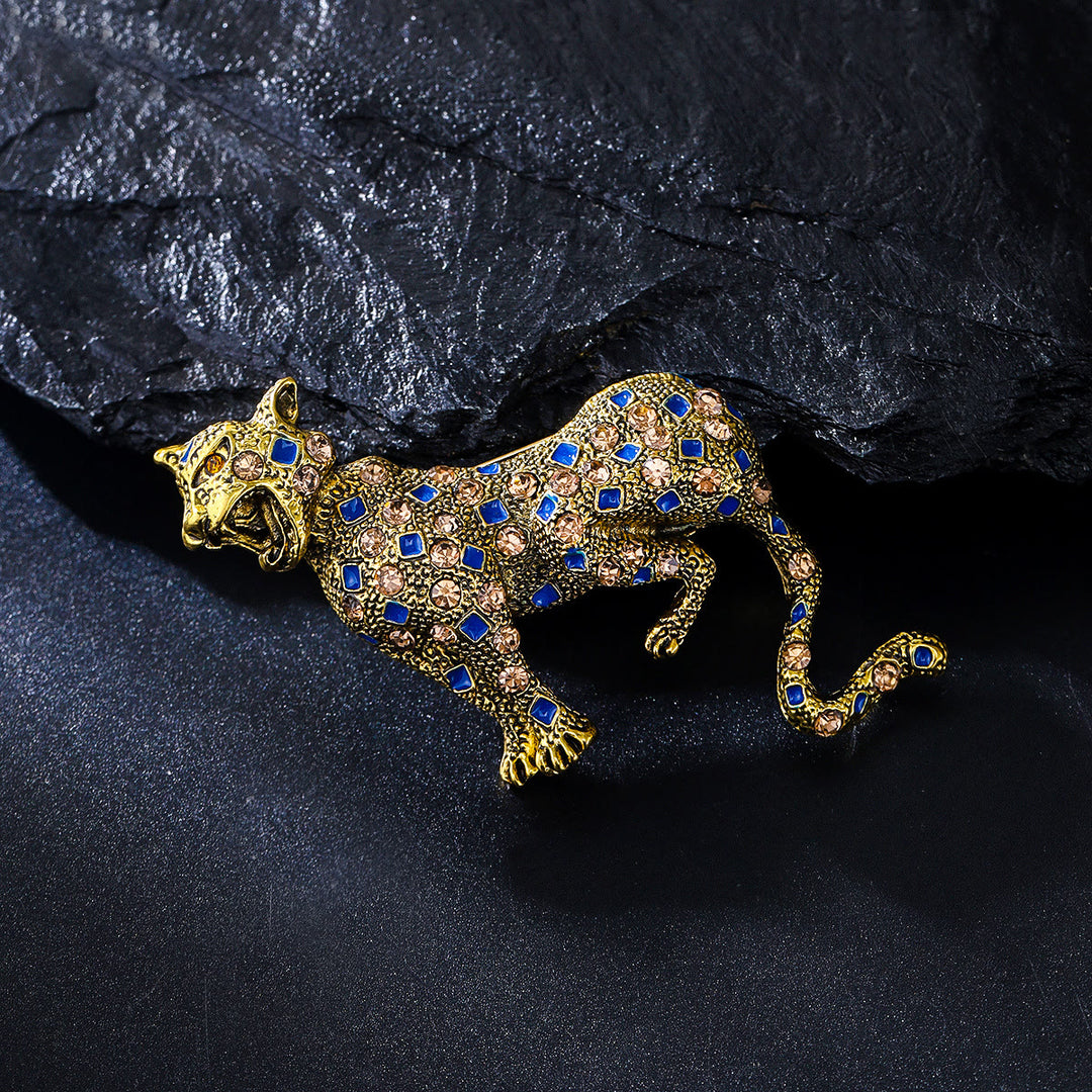 Golden Studded Diamond Blue Square Leopard Brooch - image 2