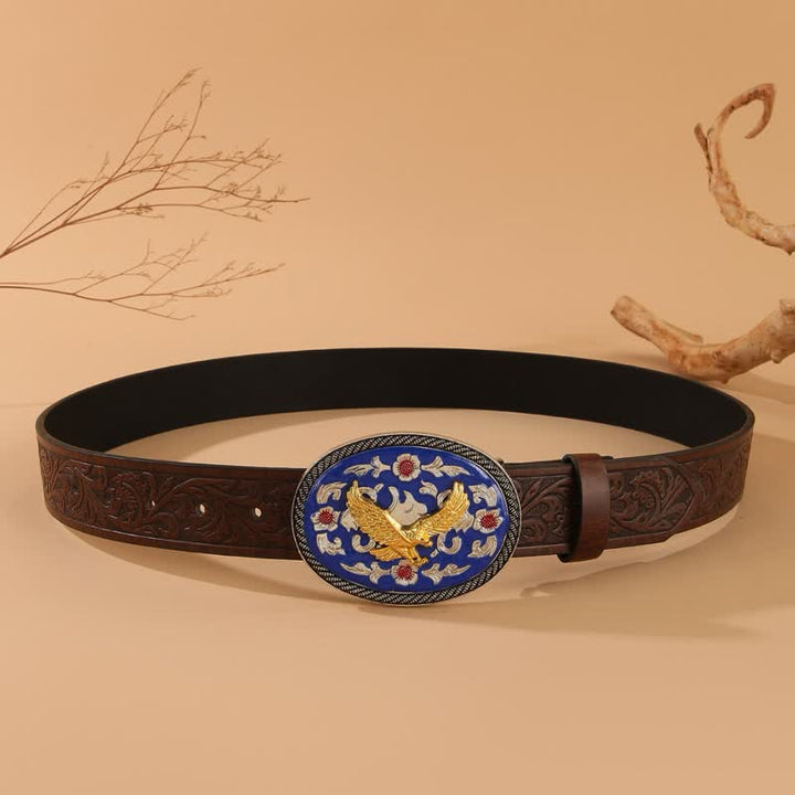 Gold Eagle Blue Colored Buckle Floral Embossed Leather Belt - image 3