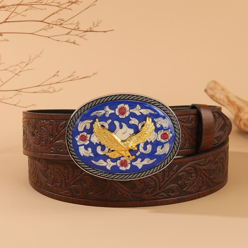 Gold Eagle Blue Colored Buckle Floral Embossed Leather Belt - Blue & Gold - 40 - image 0
