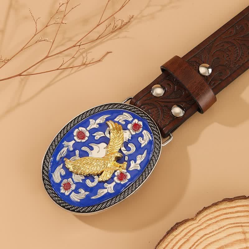 Gold Eagle Blue Colored Buckle Floral Embossed Leather Belt - image 1