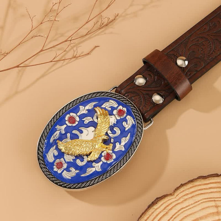 Gold Eagle Blue Colored Buckle Floral Embossed Leather Belt - image 1