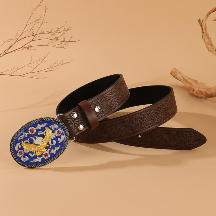 Gold Eagle Blue Colored Buckle Floral Embossed Leather Belt - image 2