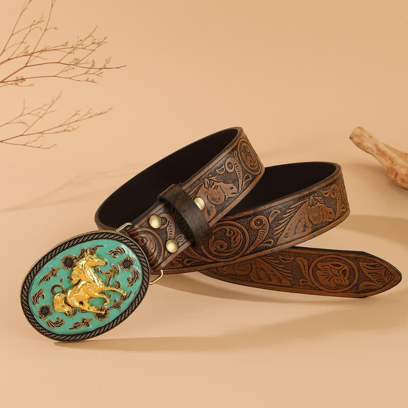 Gold Horse Turquoise-Tone Buckle Horse Embossed Leather Belt - image 2