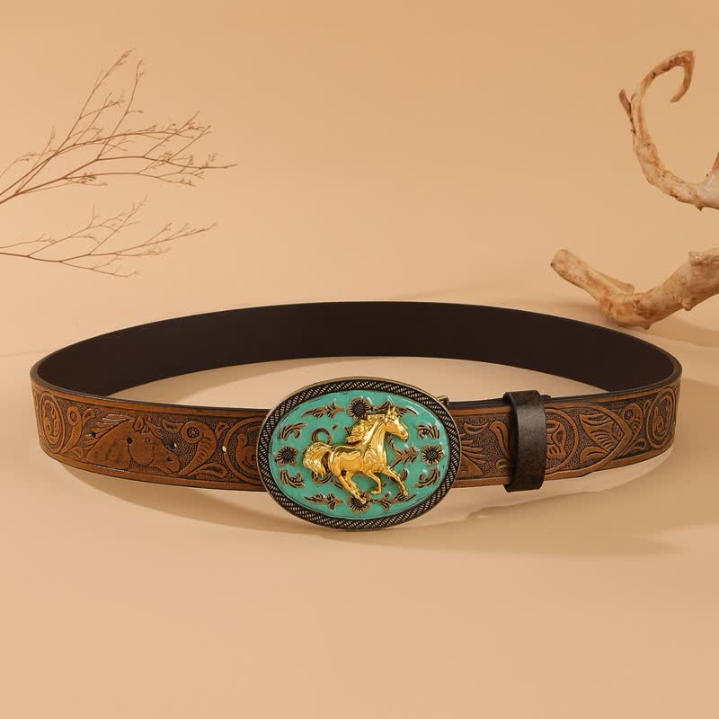 Gold Horse Turquoise-Tone Buckle Horse Embossed Leather Belt - image 3