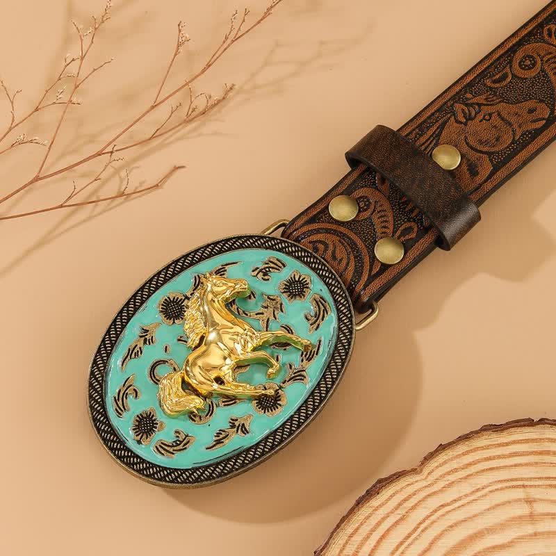 Gold Horse Turquoise-Tone Buckle Horse Embossed Leather Belt - image 1