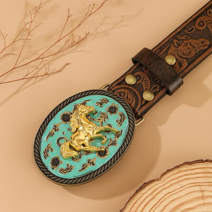 Gold Horse Turquoise-Tone Buckle Horse Embossed Leather Belt - image 1