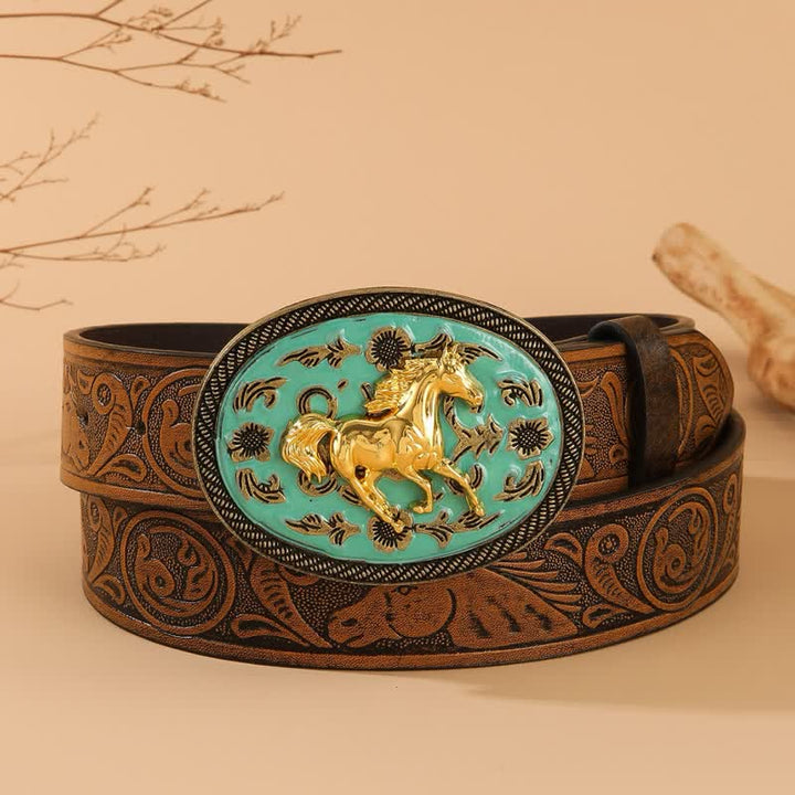 Gold Horse Turquoise-Tone Buckle Horse Embossed Leather Belt - Turquoise & Gold - 40 - image 0