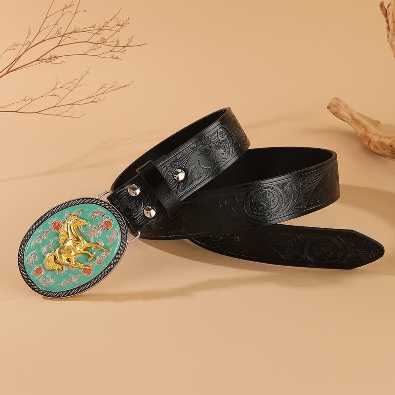 Horse Theme Turquoise-Tone Buckle Black Embossed Leather Belt - image 2