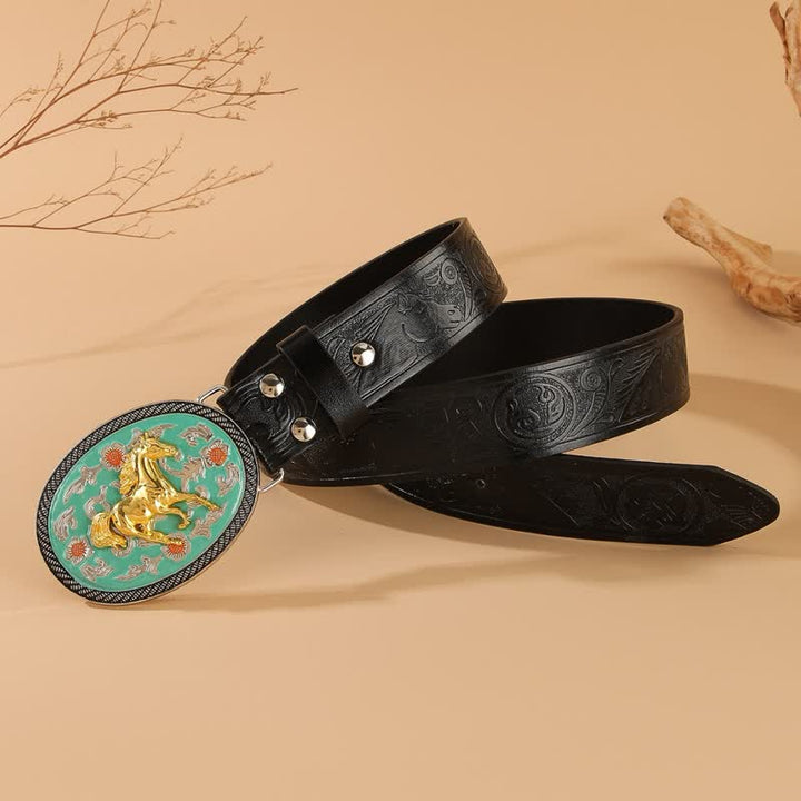 Horse Theme Turquoise-Tone Buckle Black Embossed Leather Belt - image 2