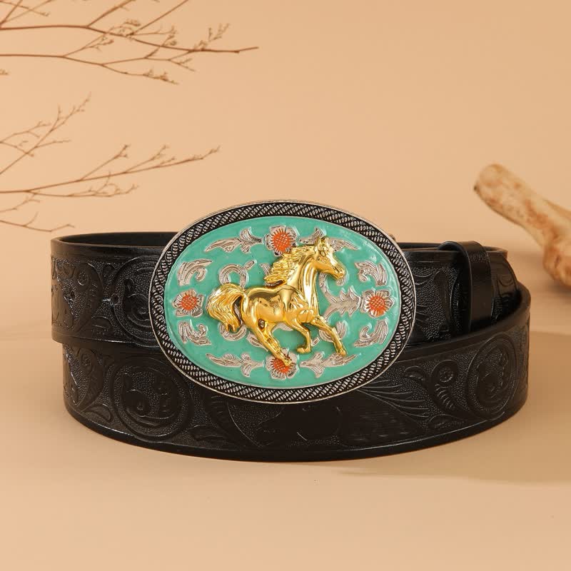 Horse Theme Turquoise-Tone Buckle Black Embossed Leather Belt - Turquoise & Gold - 40 - image 0