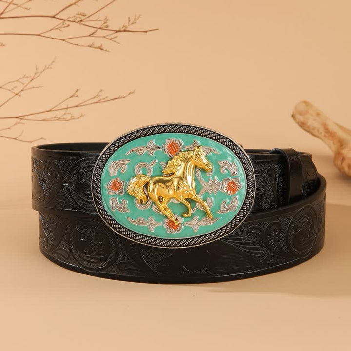 Horse Theme Turquoise-Tone Buckle Black Embossed Leather Belt - Turquoise & Gold - 40 - image 0
