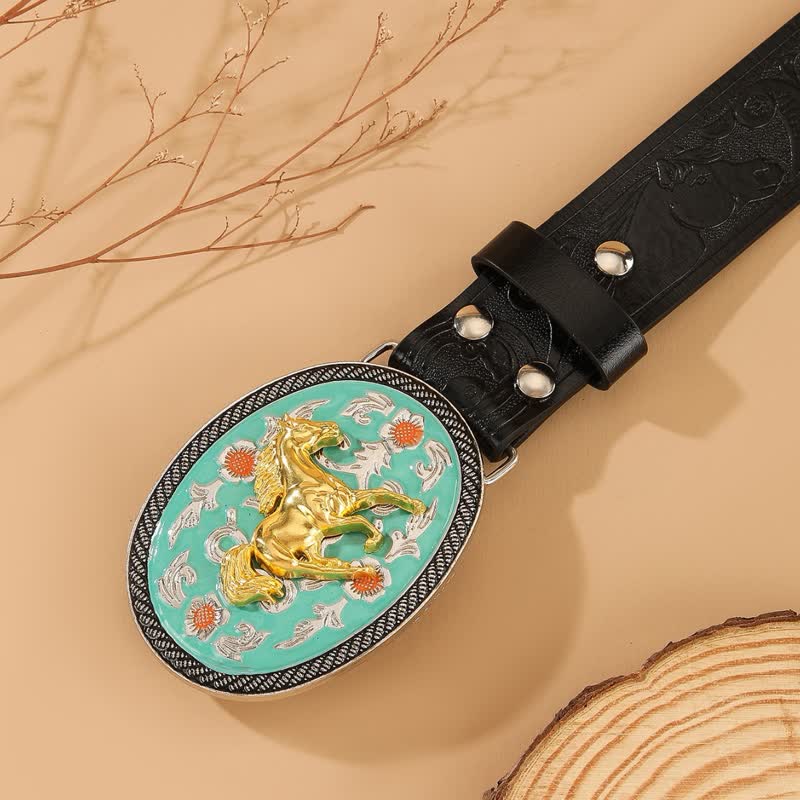 Horse Theme Turquoise-Tone Buckle Black Embossed Leather Belt - image 1