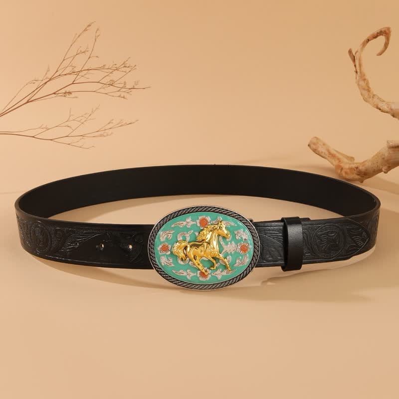 Horse Theme Turquoise-Tone Buckle Black Embossed Leather Belt - image 3