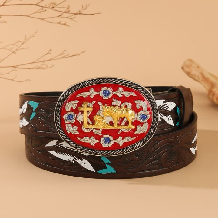 Praying Cross Horse Red Buckle Brown Feather Leather Belt - Red & Gold - 40 - image 0